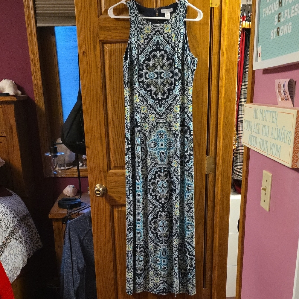 London Times Black and Blue Printed Maxi Dress